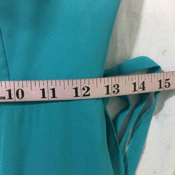 FORMAL PARTY SZ 4 S blue teal boat neck faux wrap lace up bridesmaid dress B159 - Picture 5 of 8